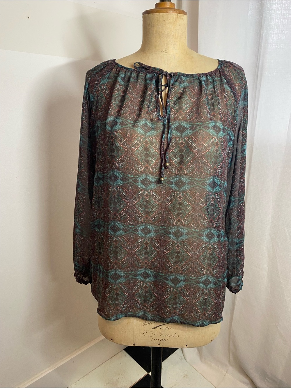 Zara Basic Boho Geometric Print Sheer Peasant Blouse M